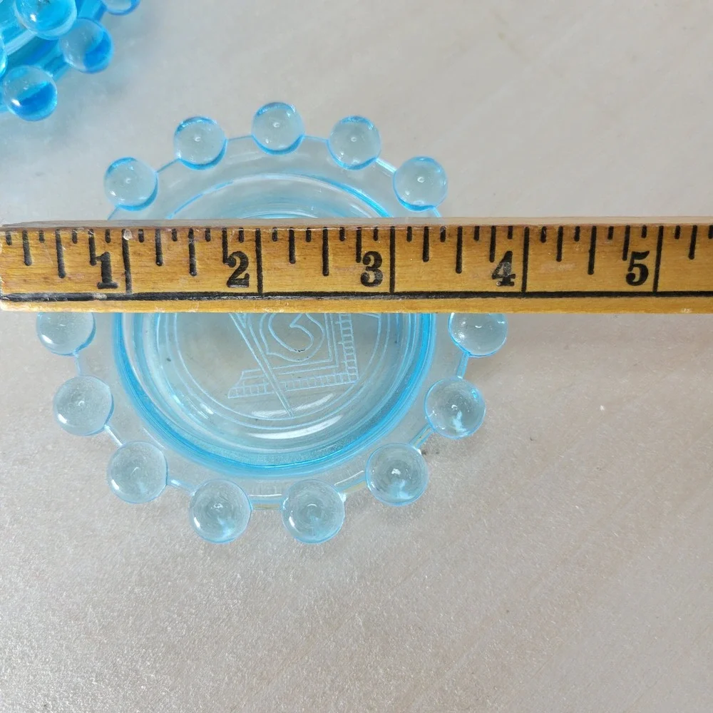 4 Vintage‎ Blue Glass Coasters Bobble Border 1 has Masonic Etched Symbol
